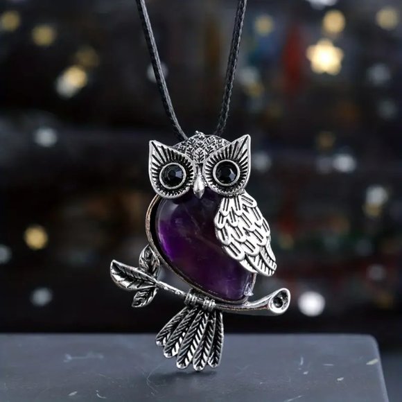 Amethyst Natural Stone Owl Pendant Healing Gemstone Necklace - Picture 2 of 2